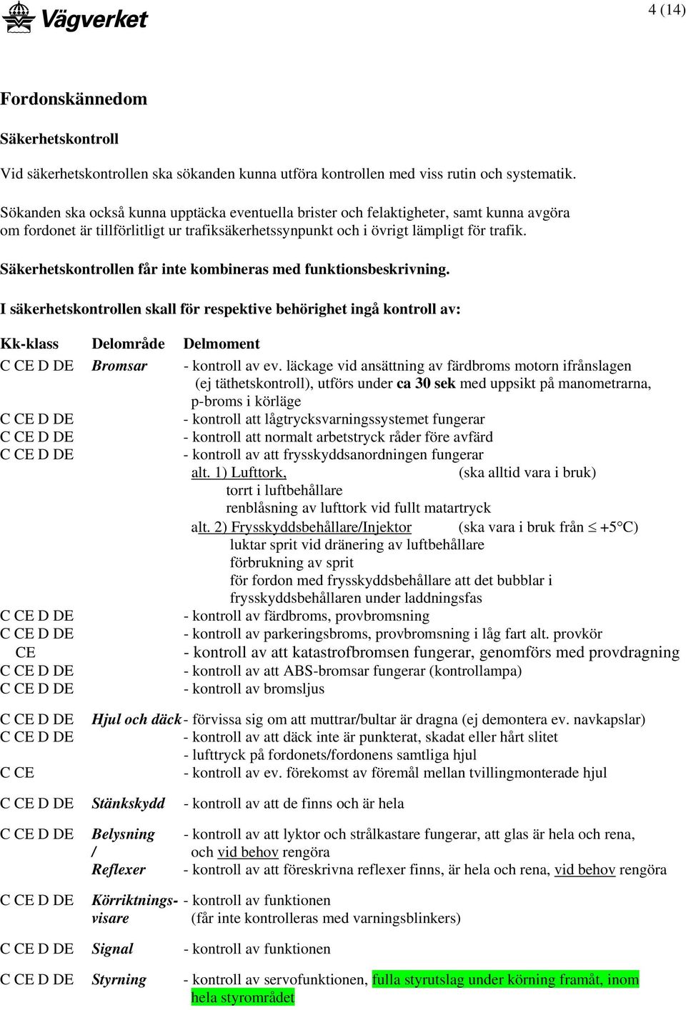 Säkerhetskontrollen får inte kombineras med funktionsbeskrivning. I säkerhetskontrollen skall för respektive behörighet ingå kontroll av: Bromsar - kontroll av ev.