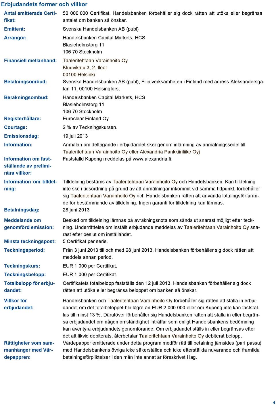 Svenska Handelsbanken AB (publ) Handelsbanken Capital Markets, HCS Blasieholmstorg 11 106 70 Stockholm Taaleritehtaan Varainhoito Oy Kluuvikatu 3, 2.