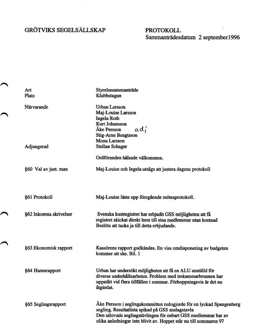 man Maj-Louise och Ingela utsågs att justera dagens protokoll )61 Protokoll Maj-Louise läste upp föregående mötesprotokoll.