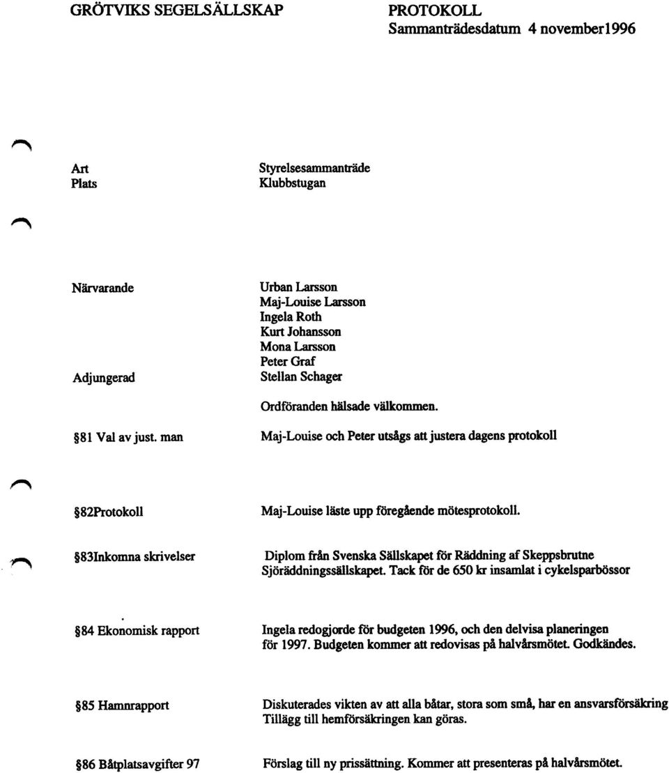 man Maj-Louise och Peter utsågs att justera dagens protokoll 582Protokoll Maj-Louise läste upp föregående mötesprotokoll jj831nkomna skrivelser Diplom från Svenska Sällskapet för Räddning af