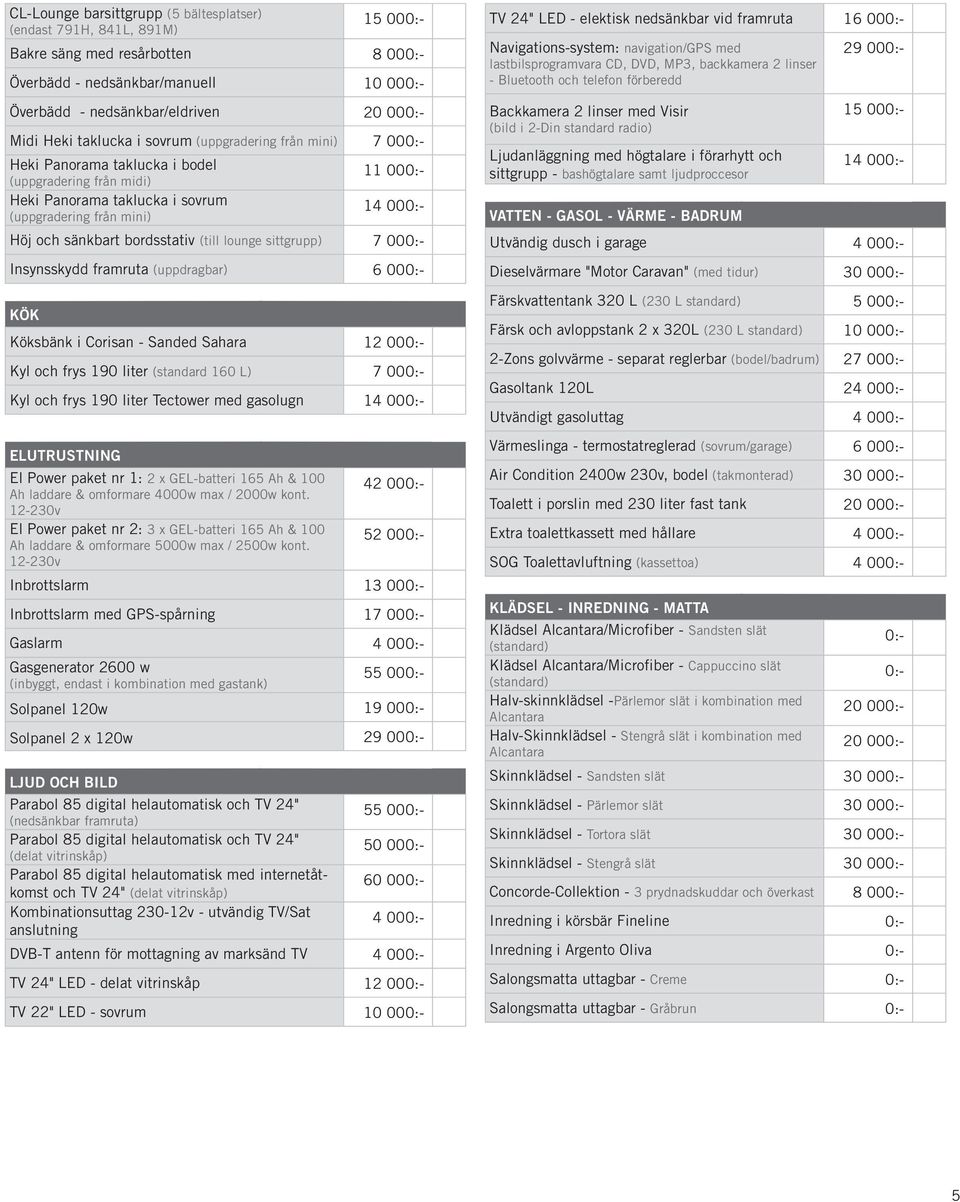 lounge sittgrupp) 7 00 Insynsskydd framruta (uppdragbar) 6 00 KÖK Köksbänk i Corisan - Sanded Sahara 12 00 Kyl och frys 190 liter (standard 160 L) 7 00 Kyl och frys 190 liter Tectower med gasolugn 14
