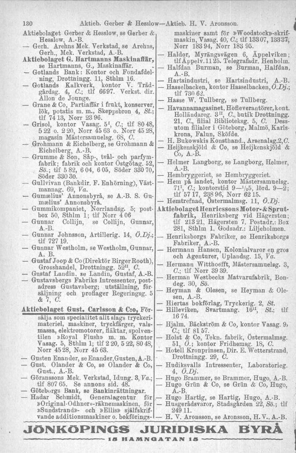 Henholm:. se Hartmanns, G., Maskmaffår. - Halfdan Burman se Burman Halfdan - Gotlands Bank: Kontor och Fondafdel- A -B ',, ning, Drottningg. 11, Sthlm 16... _ Hartsi~dustri, se Hartsindustri, A.-B. - Gotlands Kalkverk, ko~tor V.