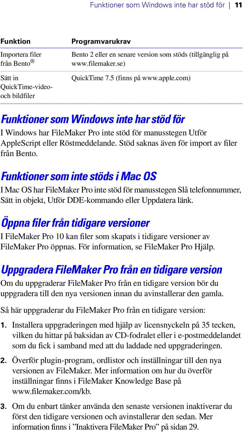 Stöd saknas även för import av filer från Bento.