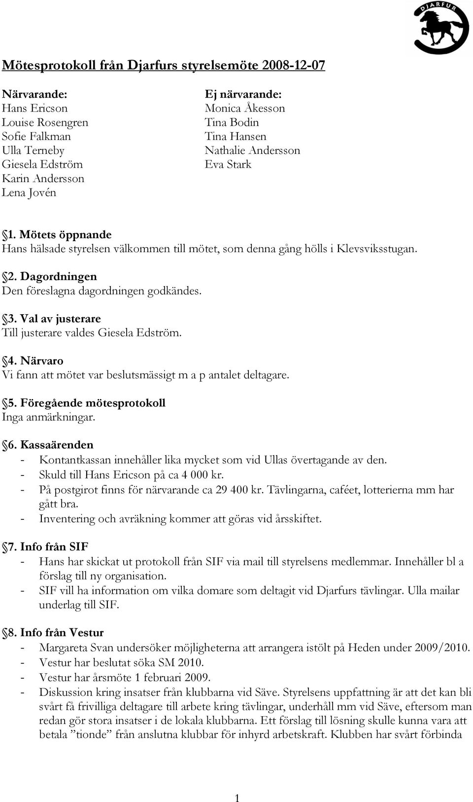 Val av justerare Till justerare valdes Giesela Edström. 4. Närvaro Vi fann att mötet var beslutsmässigt m a p antalet deltagare. 5. Föregående mötesprotokoll Inga anmärkningar. 6.