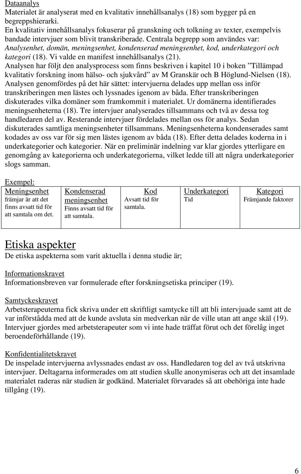 Centrala begrepp som användes var: Analysenhet, domän, meningsenhet, kondenserad meningsenhet, kod, underkategori och kategori (18). Vi valde en manifest innehållsanalys (21).