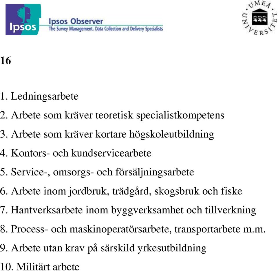 Service-, omsorgs- och försäljningsarbete 6. Arbete inom jordbruk, trädgård, skogsbruk och fiske 7.