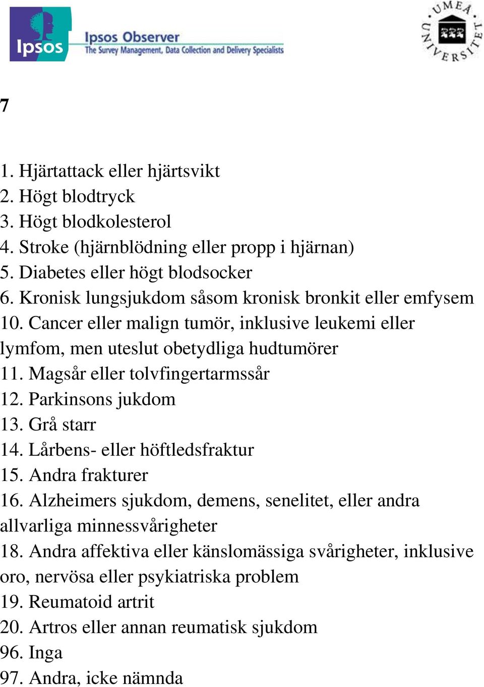 Magsår eller tolvfingertarmssår 12. Parkinsons jukdom 13. Grå starr 14. Lårbens- eller höftledsfraktur 15. Andra frakturer 16.