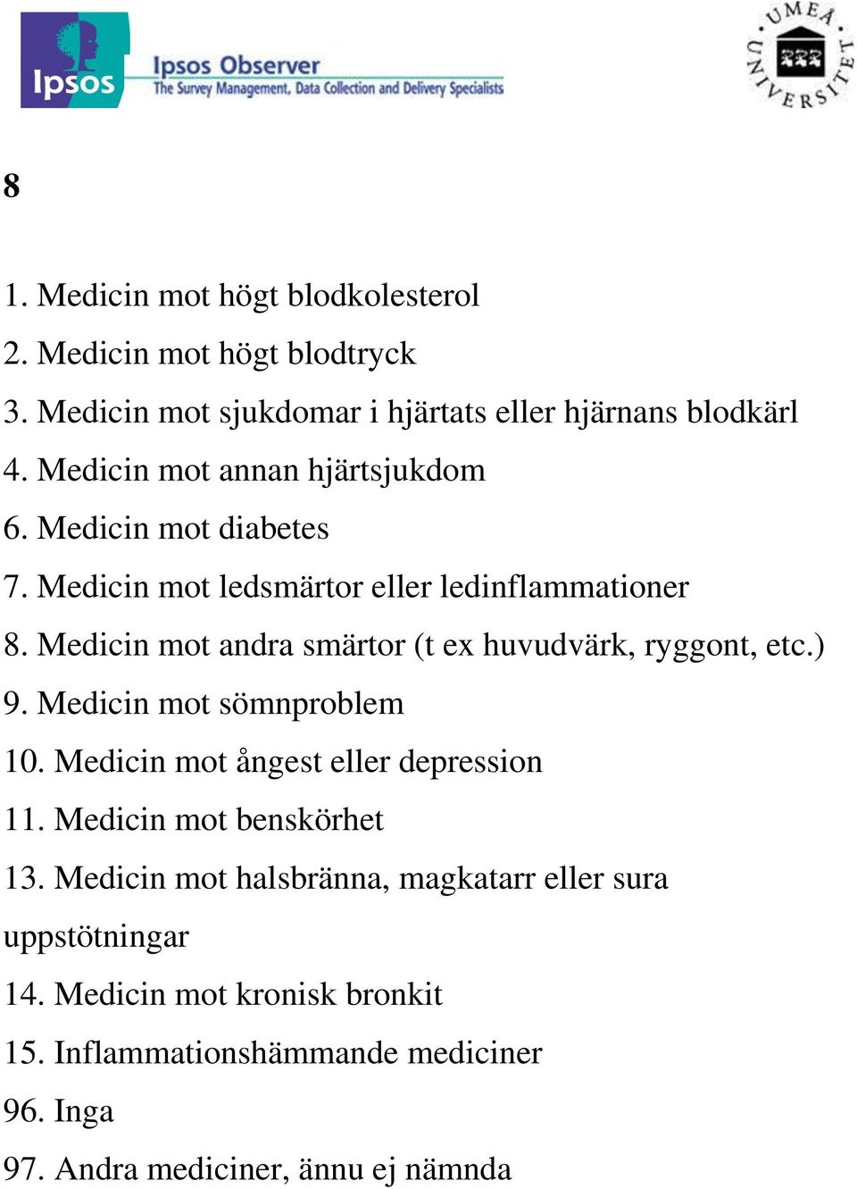 Medicin mot andra smärtor (t ex huvudvärk, ryggont, etc.) 9. Medicin mot sömnproblem 10. Medicin mot ångest eller depression 11.