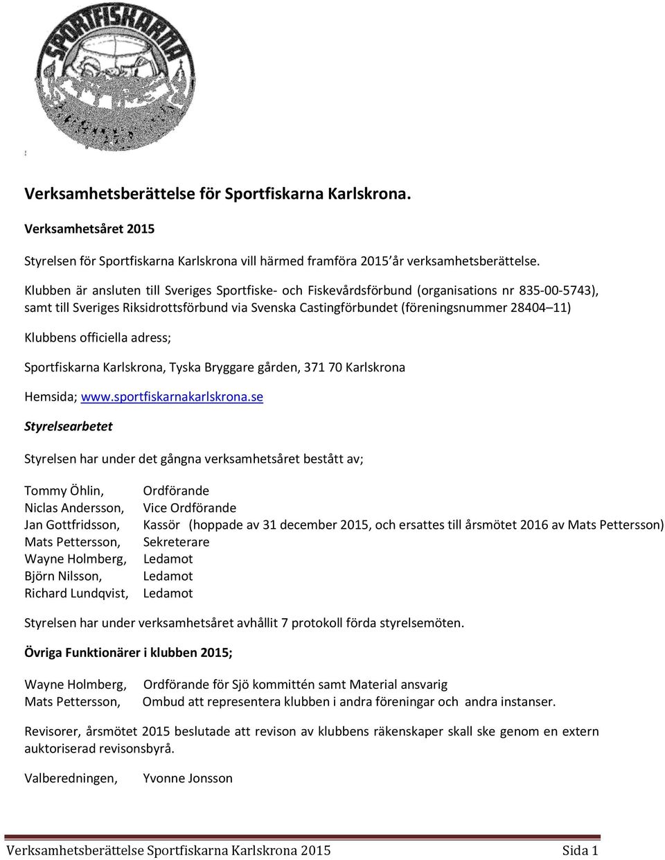 Klubbens officiella adress; Sportfiskarna Karlskrona, Tyska Bryggare gården, 371 70 Karlskrona Hemsida; www.sportfiskarnakarlskrona.