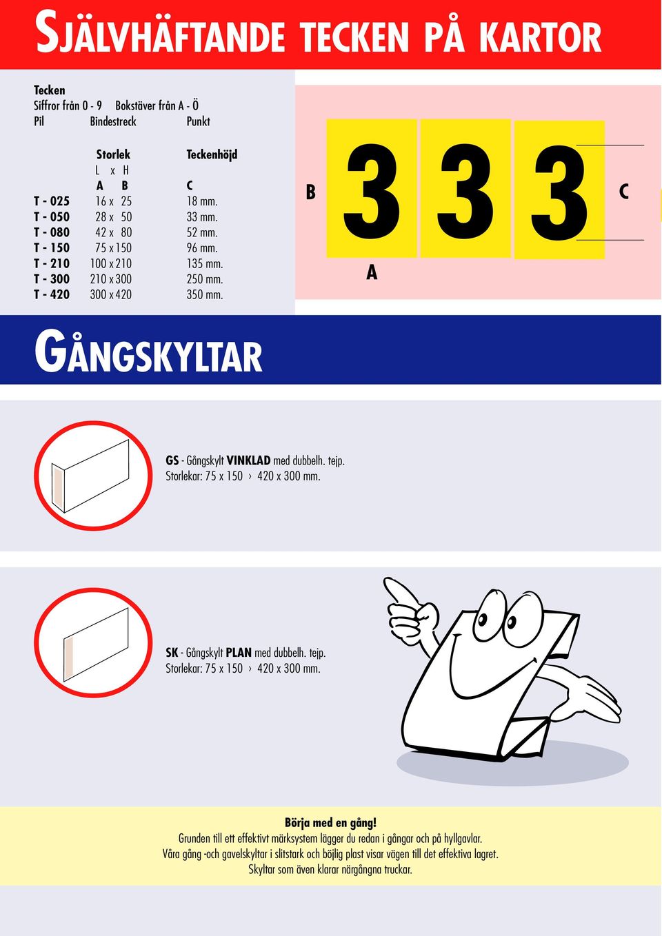 B 3 3 3 A C GÅNGSKYLTAR GS - Gångskylt VINKLAD med dubbelh. tejp. Storlekar: 75 x 150 420 x 300 mm. SK - Gångskylt PLAN med dubbelh. tejp. Storlekar: 75 x 150 420 x 300 mm. Börja med en gång!