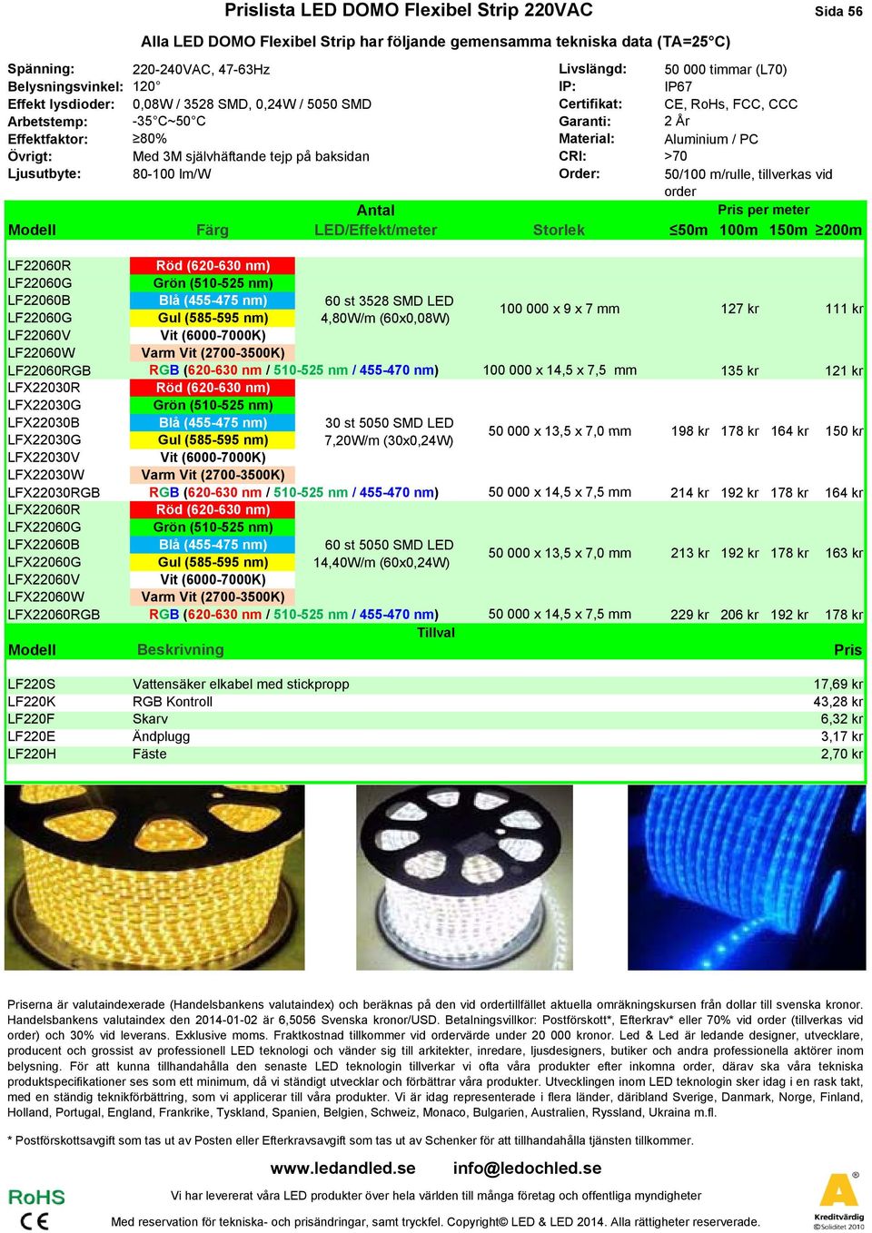 Övrigt: Med 3M självhäftande tejp på baksidan CRI: >70 Ljusutbyte: 80-100 lm/w Order: 50/100 m/rulle, tillverkas vid order 50m 100m 150m 200m LF22060R LF22060G Grön (510-525 525 nm) LF22060B Blå