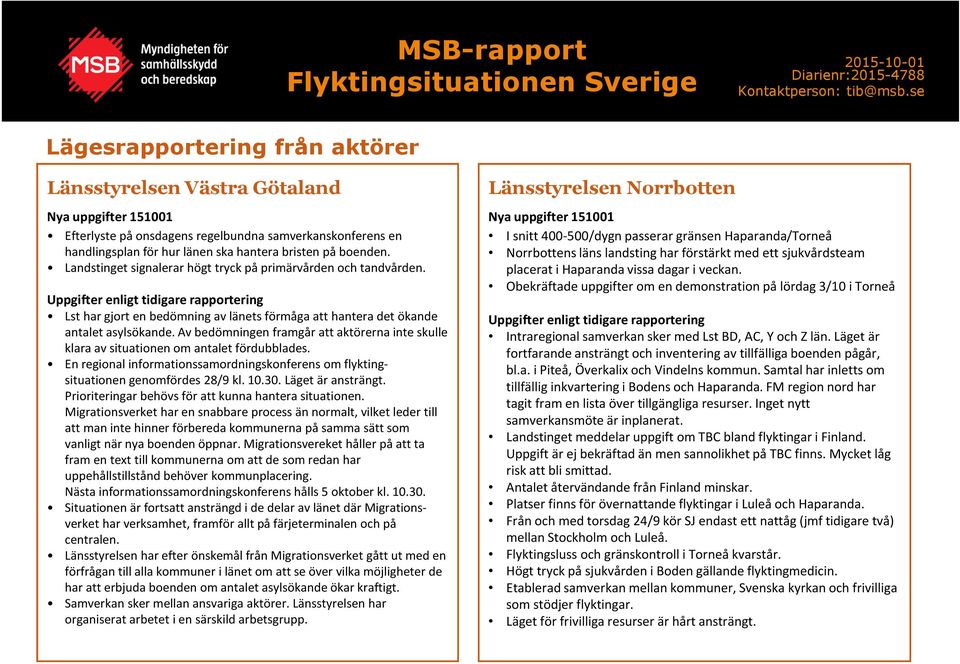 Av bedömningen framgår att aktörerna inte skulle klara av situationen om antalet fördubblades. En regional informationssamordningskonferens om flyktingsituationen genomfördes 28/9 kl. 10.30.