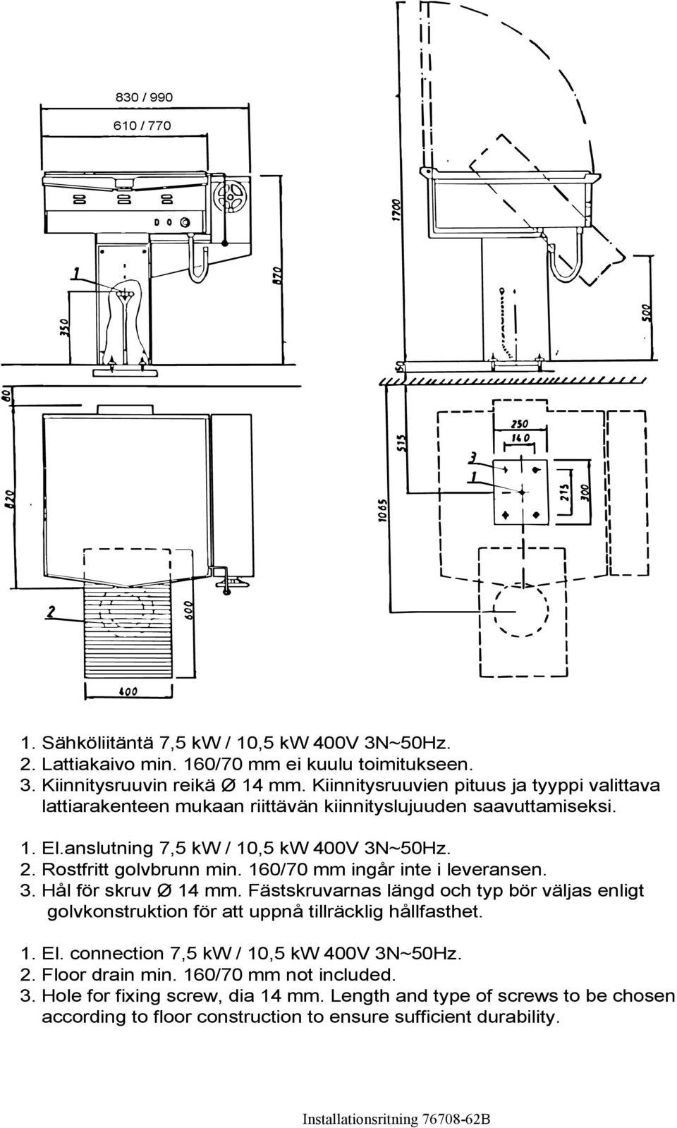 160/70 mm ingår inte i leveransen. 3. Hål för skruv Ø 14 mm. Fästskruvarnas längd och typ bör väljas enligt golvkonstruktion för att uppnå tillräcklig hållfasthet. 1. El.