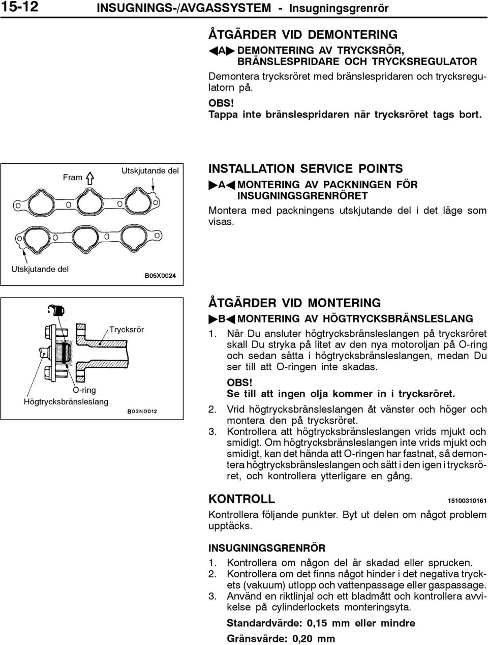 Fram Utskjutande del INSTALLATION SERVICE POINTS "AA MONTERING AV PACKNINGEN FÖR INSUGNINGSGRENRÖRET Montera med packningens utskjutande del i det läge som visas.