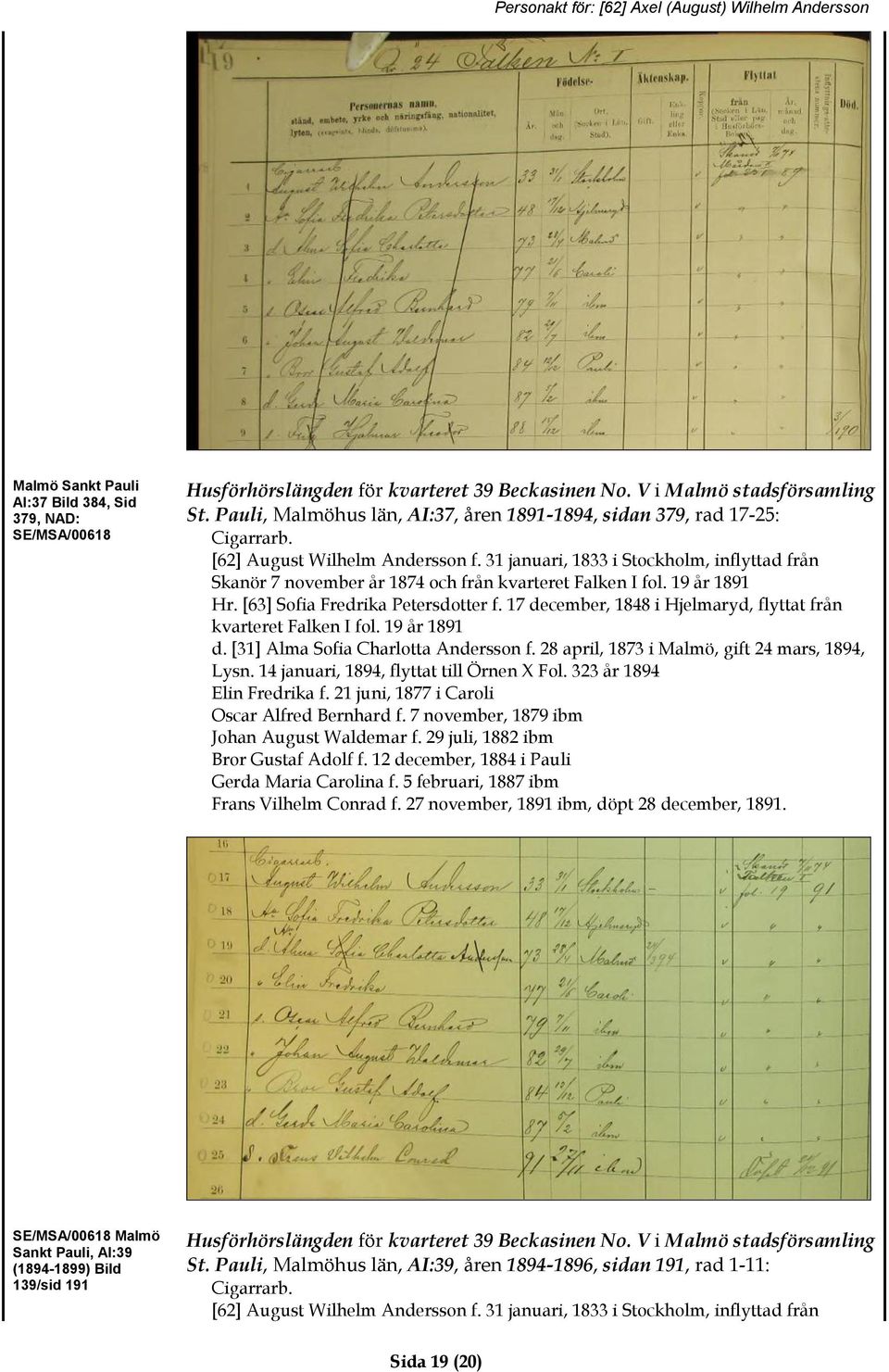 31 januari, 1833 i Stockholm, inflyttad från Skanör 7 november år 1874 och från kvarteret Falken I fol. 19 år 1891 Hr. [63] Sofia Fredrika Petersdotter f.