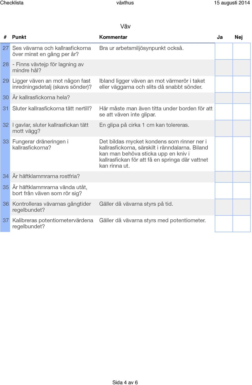 31 Sluter kallrasfickorna tätt nertill? Här måste man även titta under borden för att se att väven inte glipar. 32 I gavlar, sluter kallrasfickan tätt mott vägg?