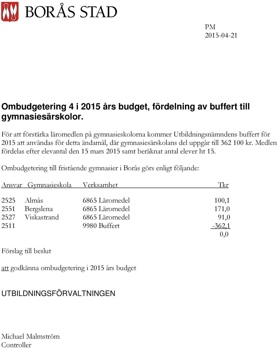 Medlen fördelas efter elevantal den 15 mars 2015 samt beräknat antal elever ht 15.