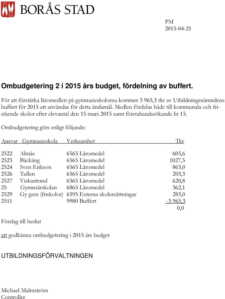 Medlen fördelas både till kommunala och fristående skolor efter elevantal den 15 mars 2015 samt förstahandssökande ht 15.