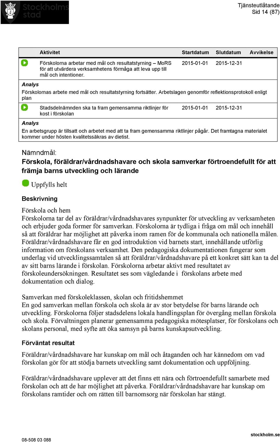 Arbetslagen genomför reflektionsprotokoll enligt plan Stadsdelnämnden ska ta fram gemensamma riktlinjer för kost i förskolan En arbetsgrupp är tillsatt och arbetet med att ta fram gemensamma
