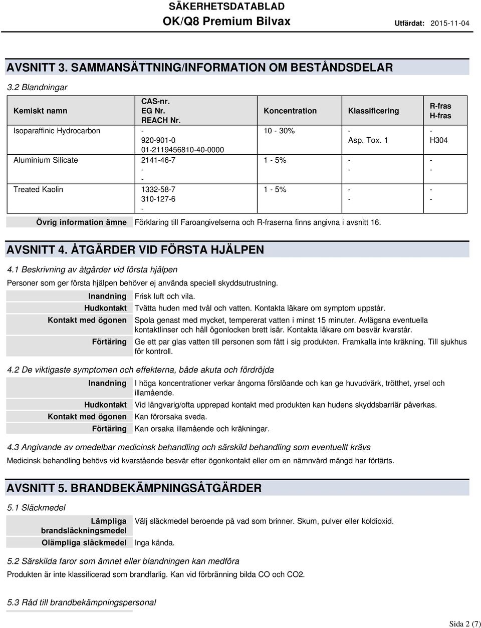 1 1 5% 1 5% Övrig information ämne Förklaring till Faroangivelserna och Rfraserna finns angivna i avsnitt 16. Rfras Hfras H304 AVSNITT 4. ÅTGÄRDER VID FÖRSTA HJÄLPEN 4.