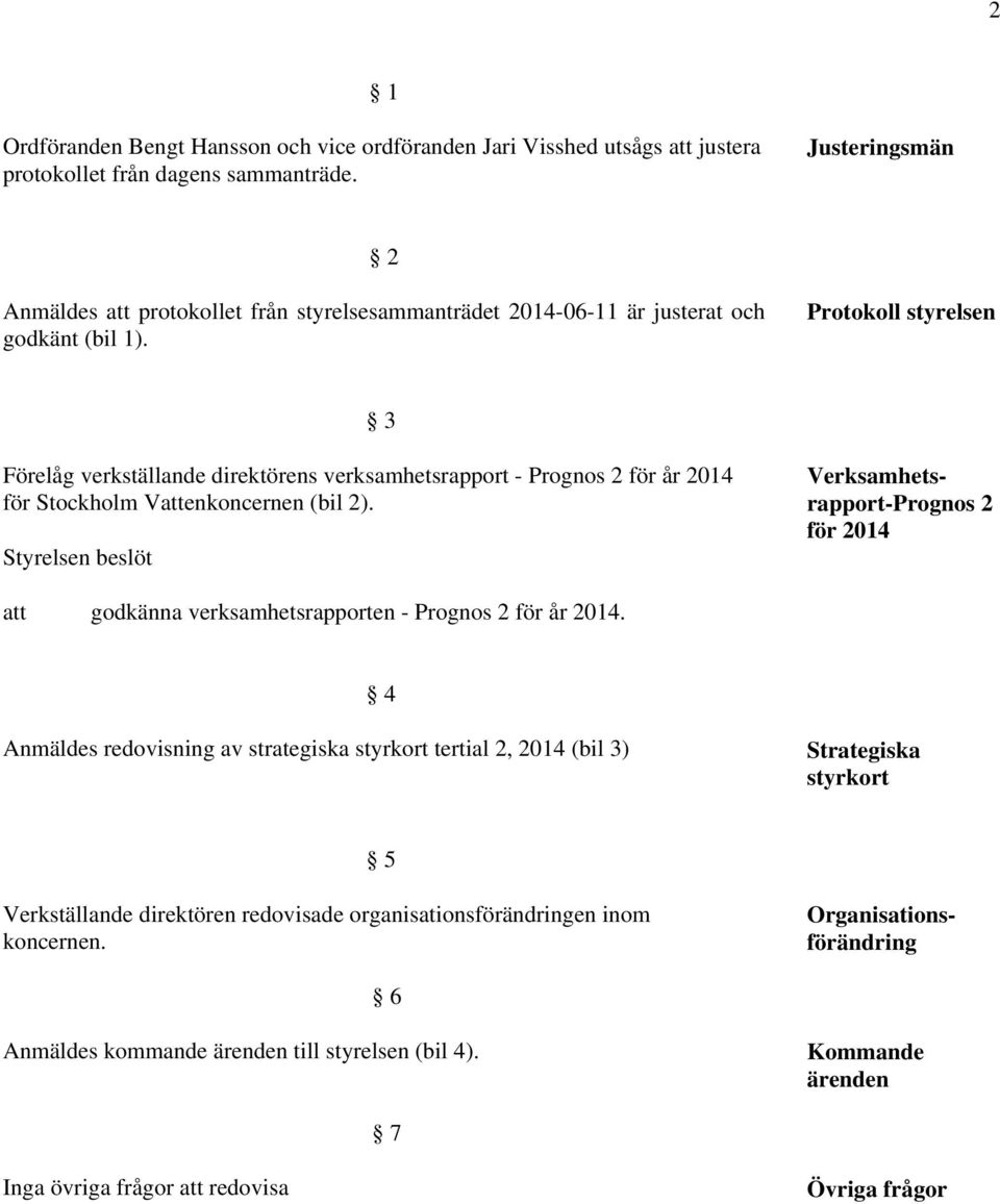 Protokoll styrelsen 3 Förelåg verkställande direktörens verksamhetsrapport - Prognos 2 för år 2014 för Stockholm Venkoncernen (bil 2).