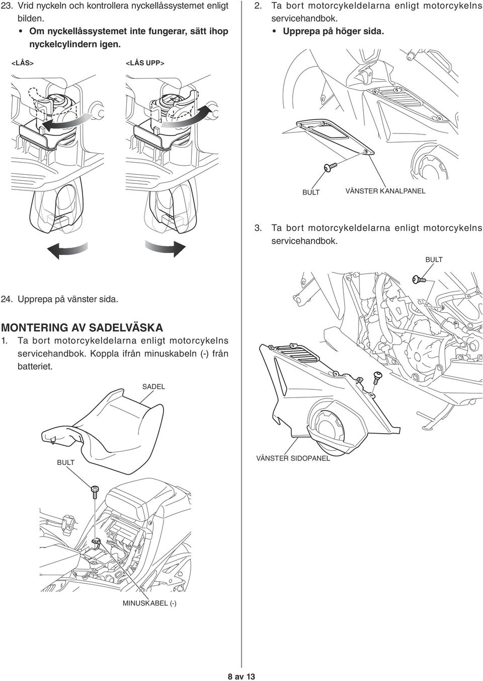 Ta bort motorcykeldelarna enligt motorcykelns Upprepa på höger sida. <LÅS> <LÅS UPP> VÄNSTER KANALPANEL 3.