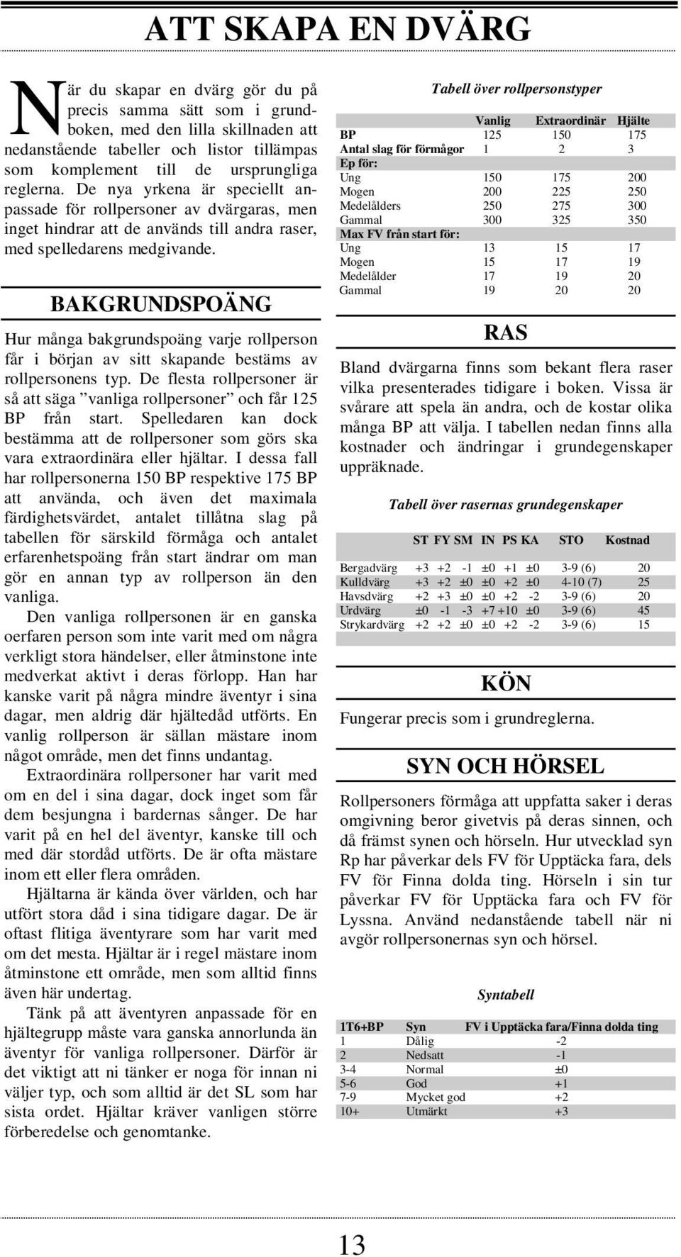 BAKGRUNDSPOÄNG Hur många bakgrundspoäng varje rollperson får i början av sitt skapande bestäms av rollpersonens typ.