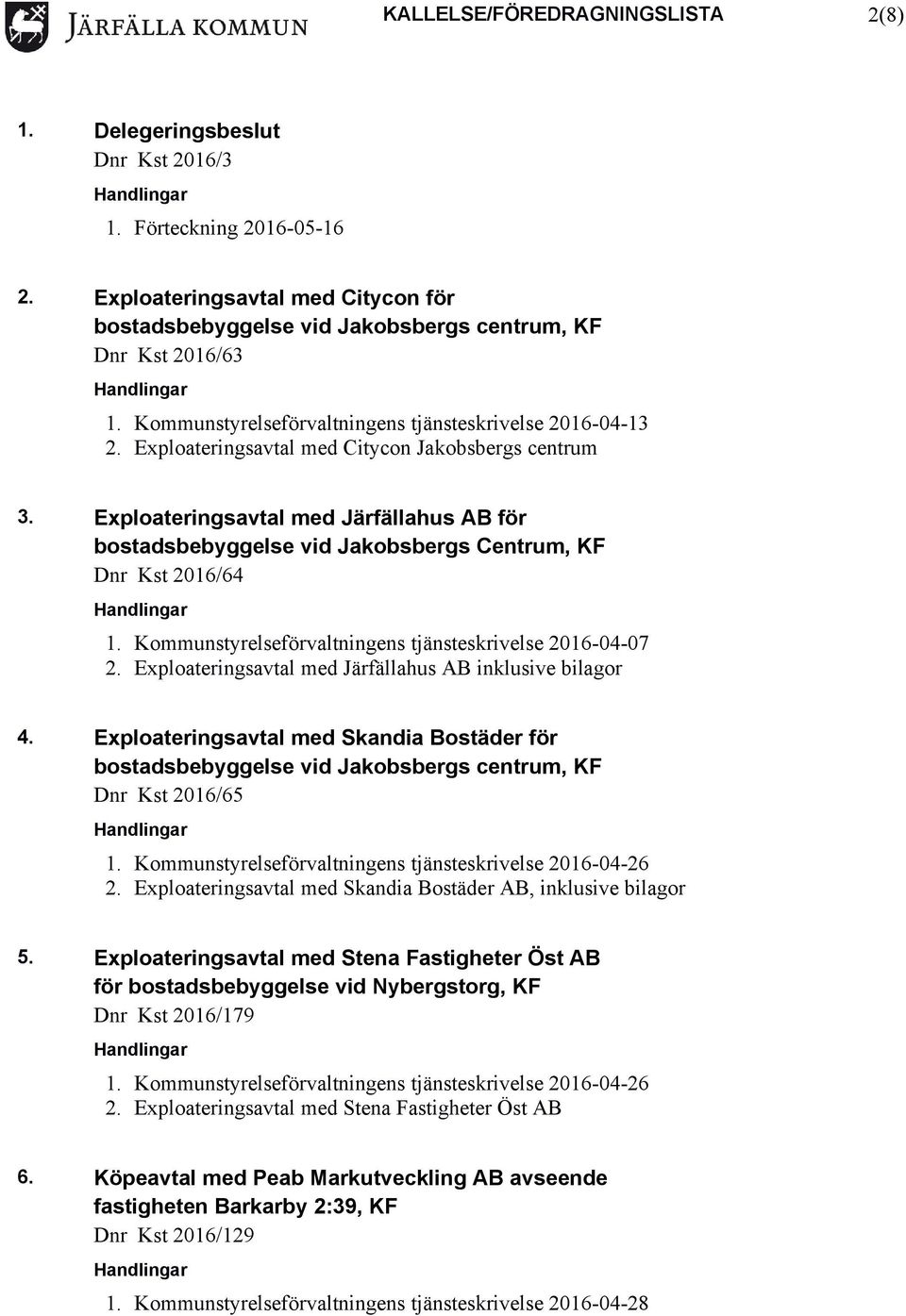 Exploateringsavtal med Järfällahus AB för bostadsbebyggelse vid Jakobsbergs Centrum, KF Dnr Kst 2016/64 1. Kommunstyrelseförvaltningens tjänsteskrivelse 2016-04-07 2.