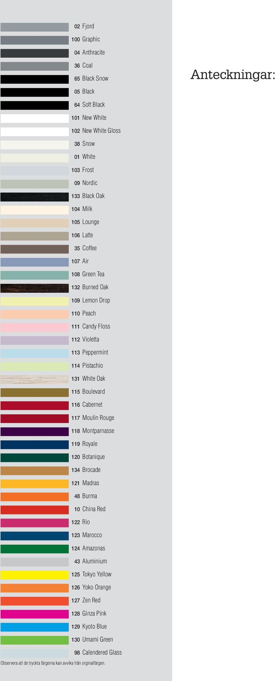 Oak 115 Boulevard 116 Cabernet 117 Moulin Rouge 118 Montparnasse 119 Royale 120 Botanique 134 Brocade 121 Madras 48 Burma 10 China Red 122 Rio 123 Marocco 124 Amazonas 43