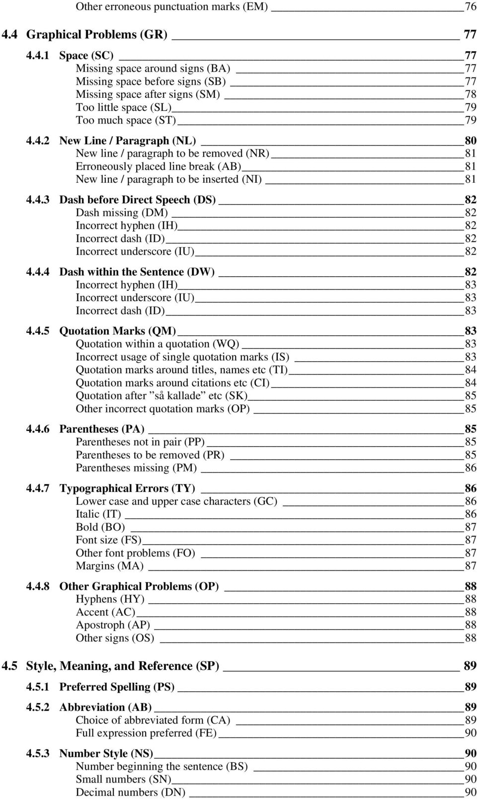 4.2 New Line / Paragraph (NL) 80 New line / paragraph to be removed (NR) 81 Erroneously placed line break (AB) 81 New line / paragraph to be inserted (NI) 81 4.4.3 Dash before Direct Speech (DS) 82 Dash missing (DM) 82 Incorrect hyphen (IH) 82 Incorrect dash (ID) 82 Incorrect underscore (IU) 82 4.