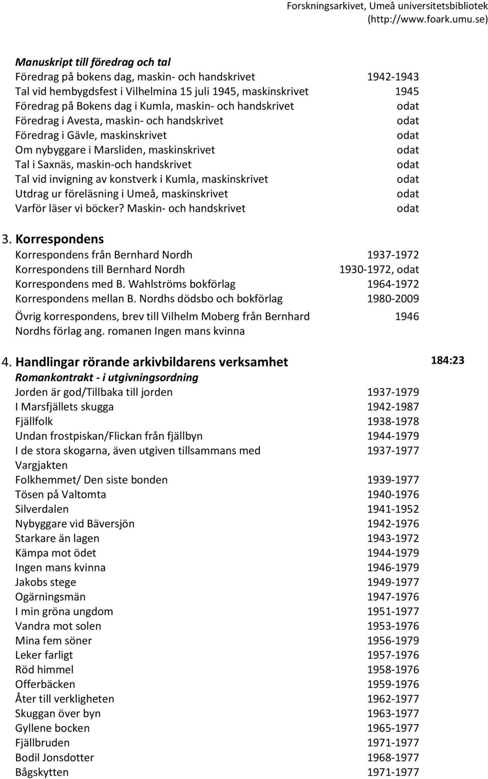 i Kumla, maskinskrivet Utdrag ur föreläsning i Umeå, maskinskrivet Varför läser vi böcker? Maskin- och handskrivet 3.