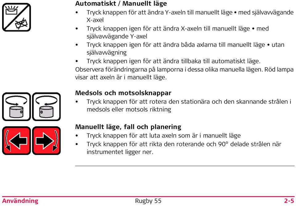 Observera förändringarna på lamporna i dessa olika manuella lägen. Röd lampa visar att axeln är i manuellt läge.