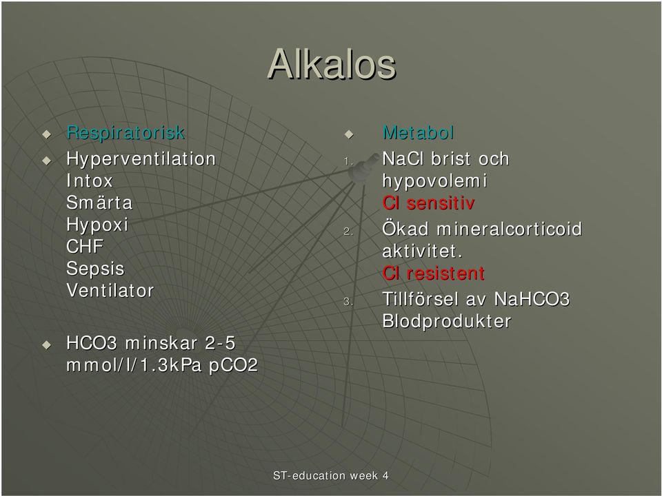 3kpa pco2 Metabol 1. NaCl brist och hypovolemi Cl sensitiv 2.