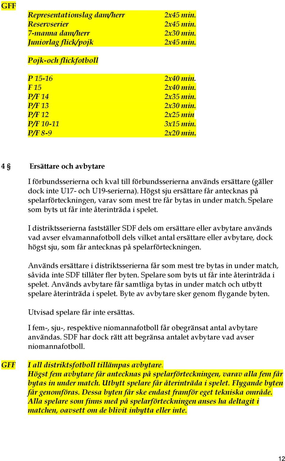 Högst sju ersättare får antecknas på spelarförteckningen, varav som mest tre får bytas in under match. Spelare som byts ut får inte återinträda i spelet.