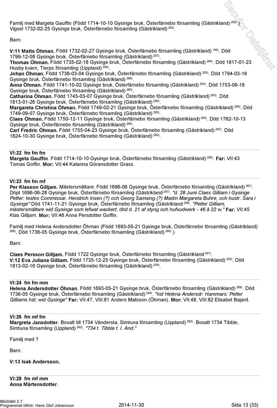 Född 1735-02-18 Gysinge bruk, Österfärnebo församling (Gästrikland) 284). Död 1817-01-23 Husby kvarn, Tierps församling (Uppland) 285). Johan Öhman.