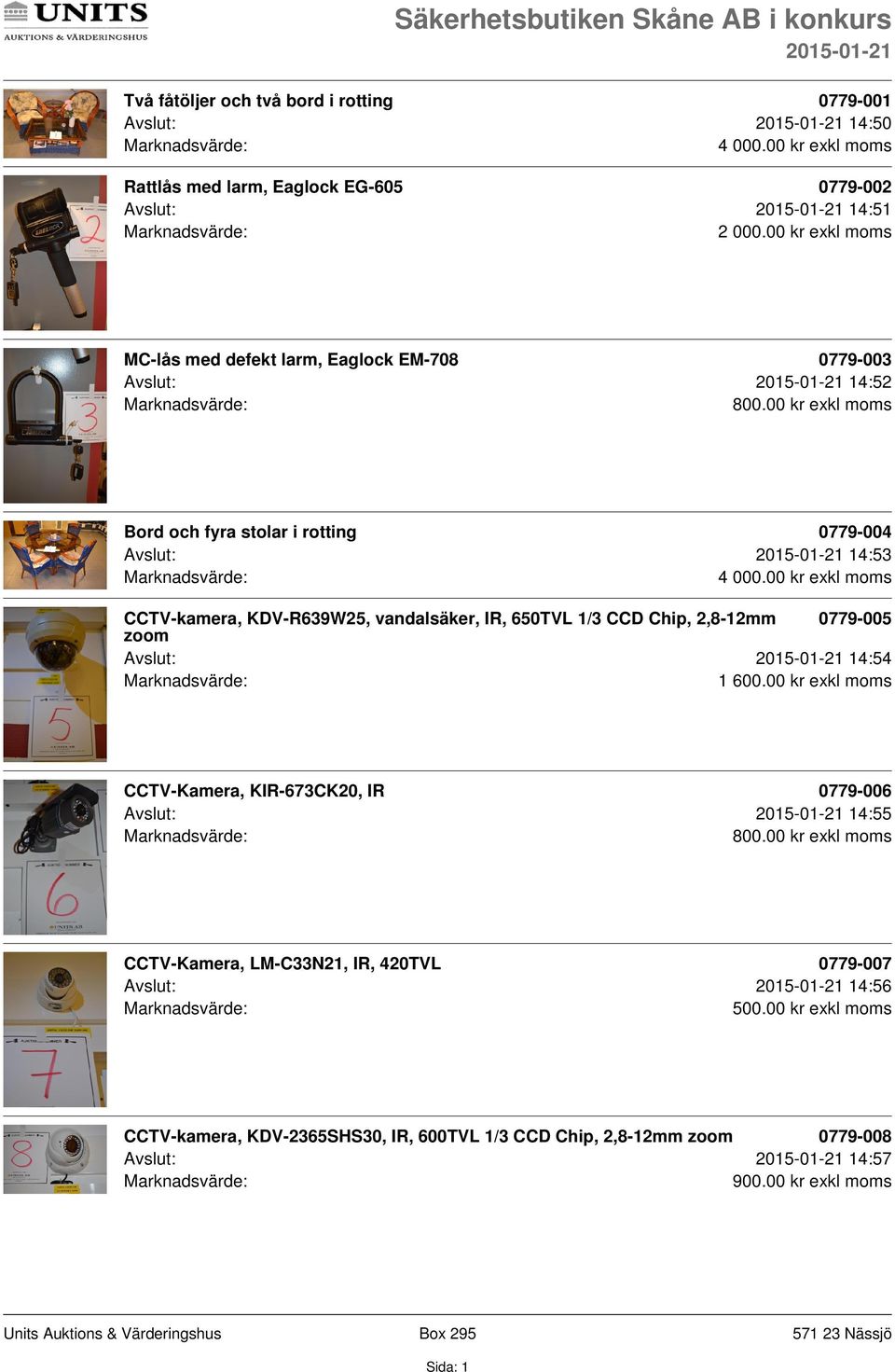 KDV-R639W25, vandalsäker, IR, 650TVL 1/3 CCD Chip, 2,8-12mm 0779-005 zoom Avslut: 14:54 CCTV-Kamera, KIR-673CK20, IR 0779-006 Avslut: 14:55