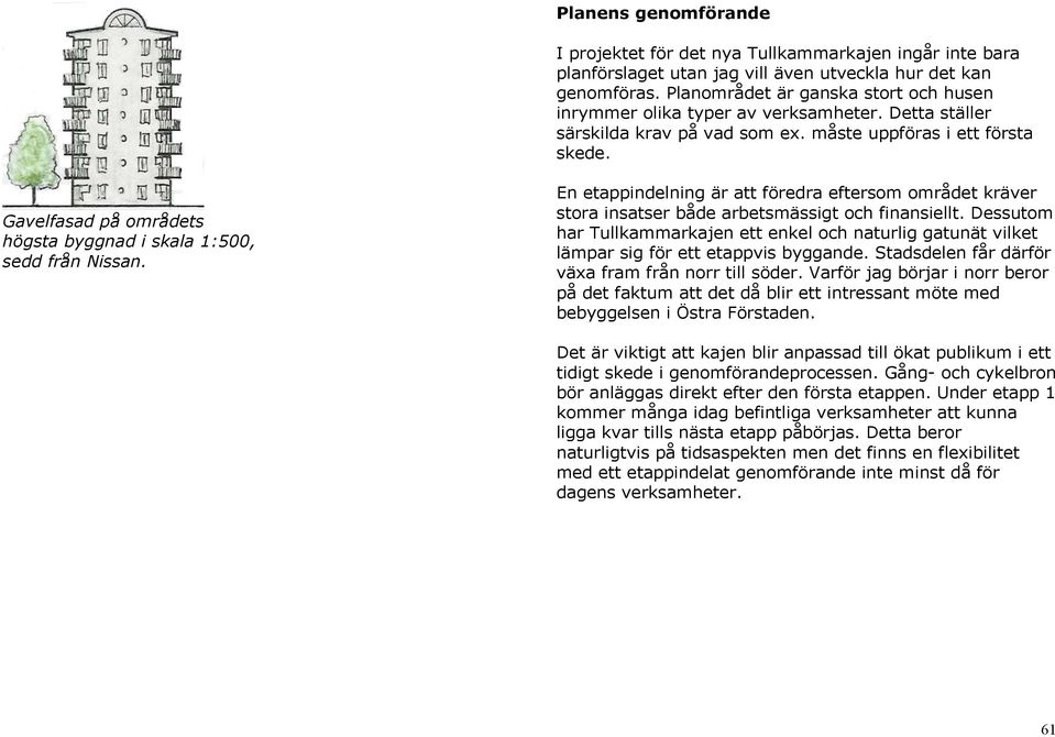 Gavelfasad på områdets högsta byggnad i skala 1:500, sedd från Nissan. En etappindelning är att föredra eftersom området kräver stora insatser både arbetsmässigt och finansiellt.