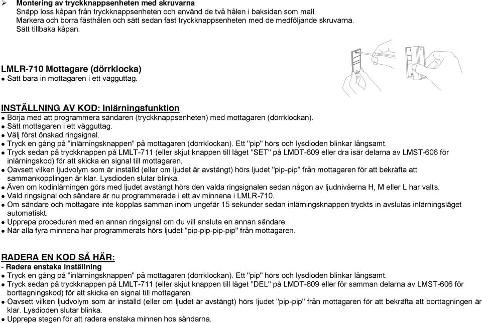 LMLR-710 (Nätansluten mottagare/dörrklocka) LMLT-711  (Tryckknappsenhet/sändare för dörrklocka) - PDF Free Download