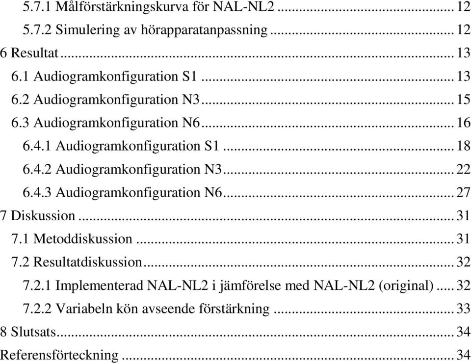 4.3 Audiogramkonfiguration N6... 27 7 Diskussion... 31 7.1 Metoddiskussion... 31 7.2 Resultatdiskussion... 32 7.2.1 Implementerad NAL-NL2 i jämförelse med NAL-NL2 (original).