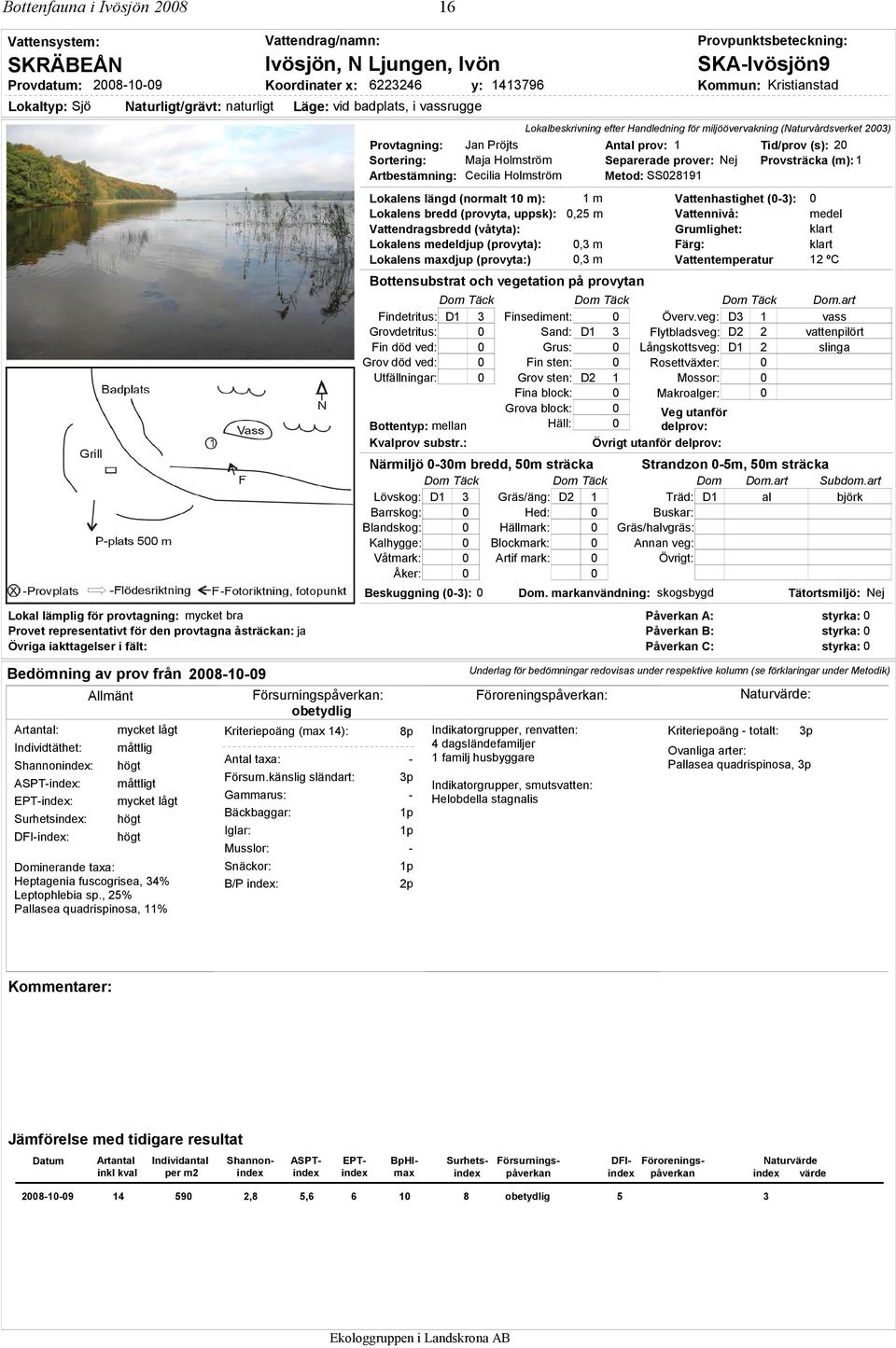 iakttagelser i fält: Lokalbeskrivning efter Handledning för miljöövervakning (Naturvårdsverket 2003) Provtagning: Jan Pröjts Antal prov: 1 Tid/prov (s): 20 Sortering: Maja Holmström Separerade