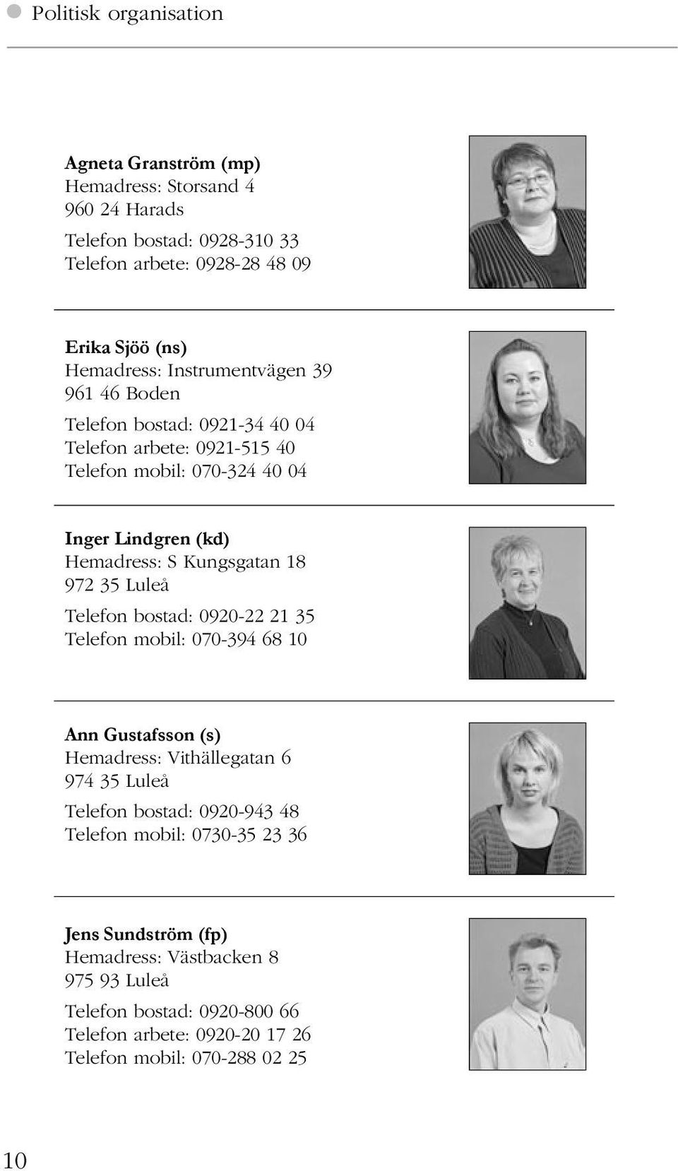 972 35 Luleå Telefon bostad: 0920-22 21 35 Telefon mobil: 070-394 68 10 Ann Gustafsson (s) Hemadress: Vithällegatan 6 974 35 Luleå Telefon bostad: 0920-943 48 Telefon