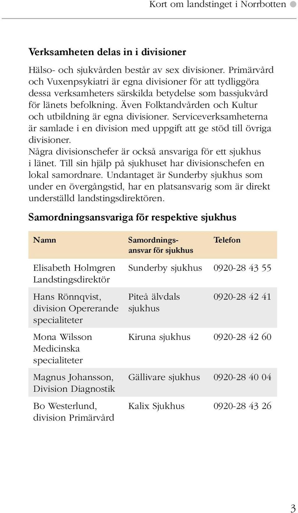 Serviceverksamheterna är samlade i en division med uppgift att ge stöd till övriga divisioner. Några divisionschefer är också ansvariga för ett sjukhus i länet.