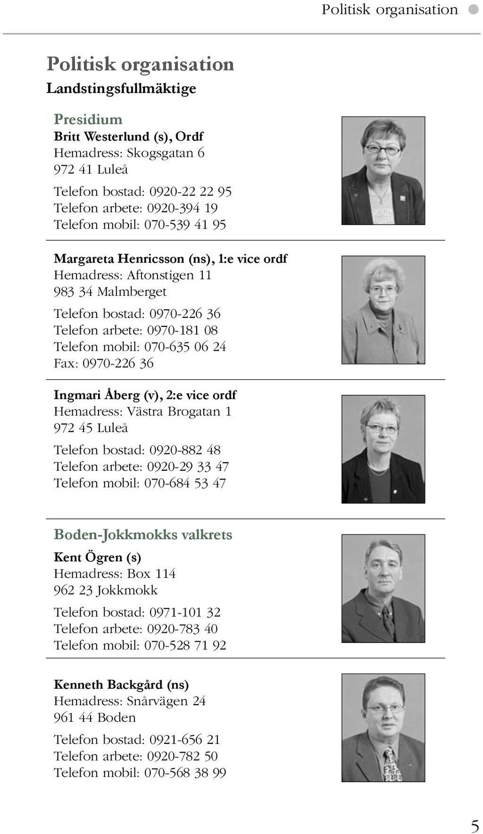 0970-226 36 Ingmari Åberg (v), 2:e vice ordf Hemadress: Västra Brogatan 1 972 45 Luleå Telefon bostad: 0920-882 48 Telefon arbete: 0920-29 33 47 Telefon mobil: 070-684 53 47 Boden-Jokkmokks valkrets