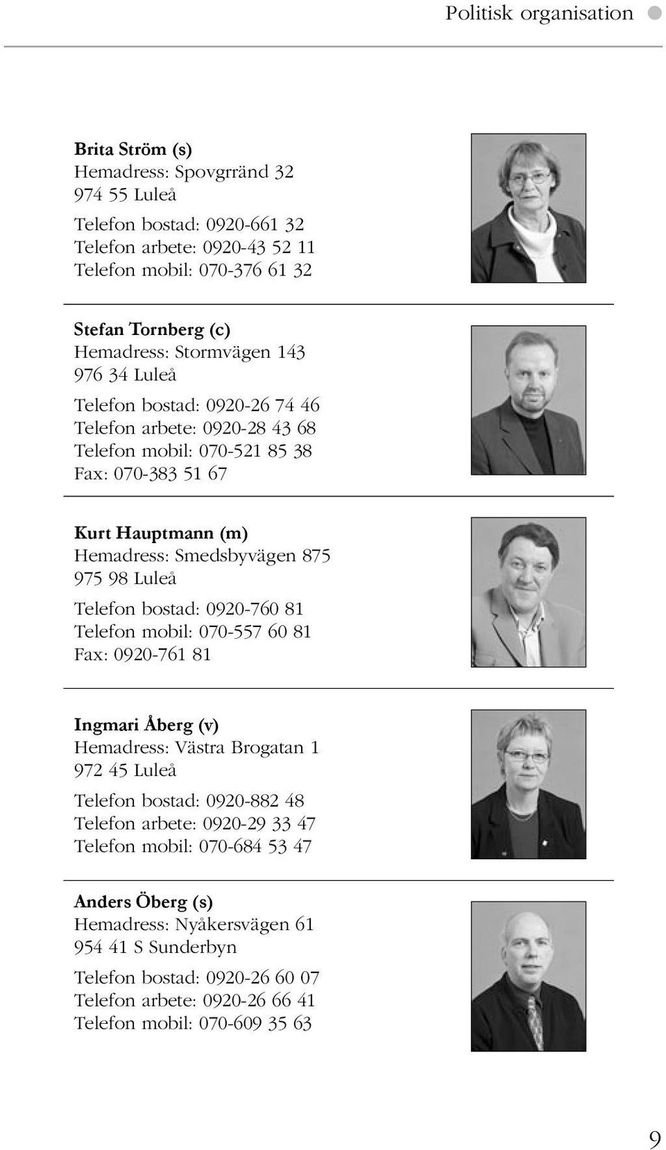 975 98 Luleå Telefon bostad: 0920-760 81 Telefon mobil: 070-557 60 81 0920-761 81 Ingmari Åberg (v) Hemadress: Västra Brogatan 1 972 45 Luleå Telefon bostad: 0920-882 48 Telefon arbete: