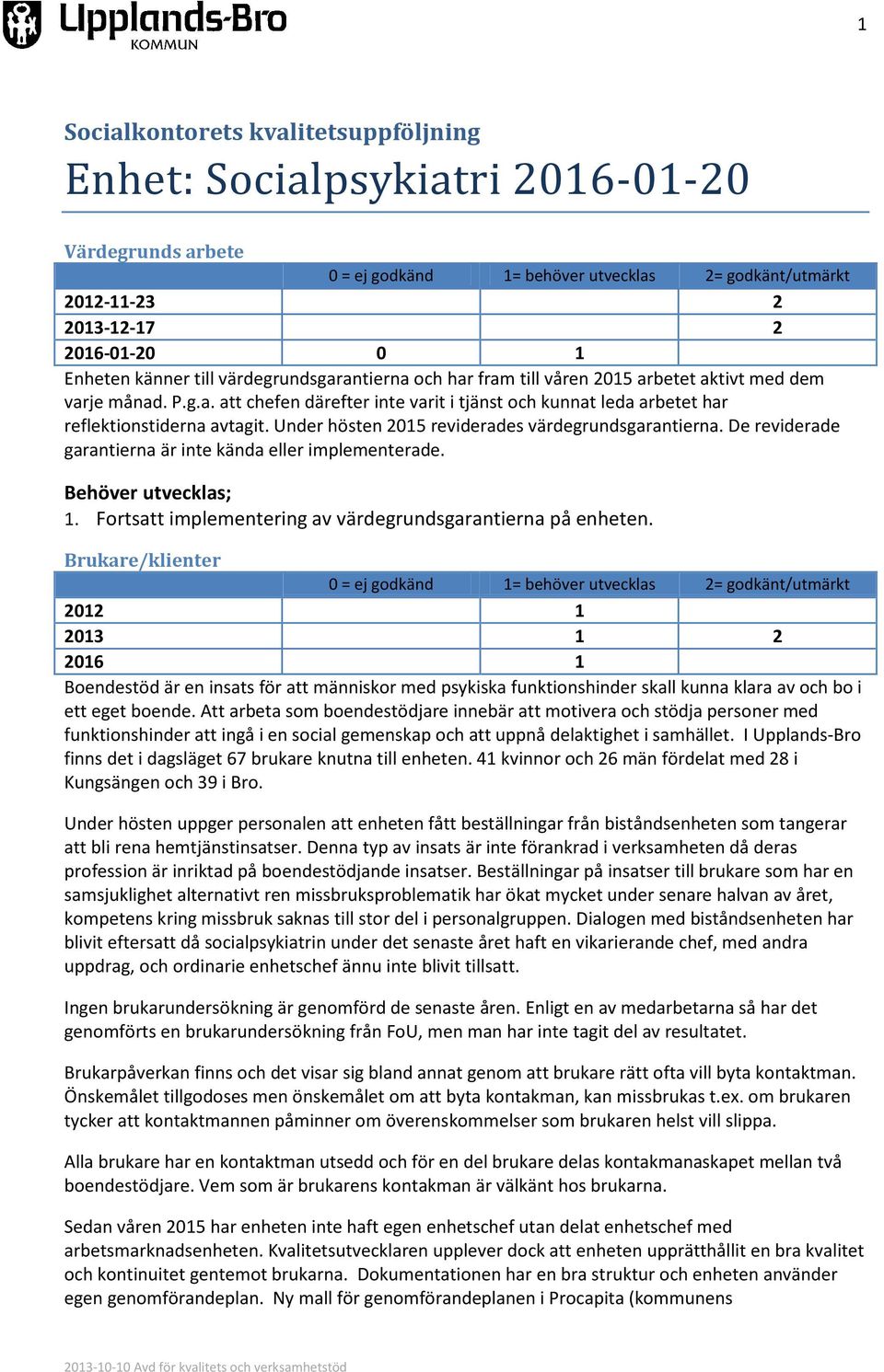 Under hösten 2015 reviderades värdegrundsgarantierna. De reviderade garantierna är inte kända eller implementerade. Behöver utvecklas; 1. Fortsatt implementering av värdegrundsgarantierna på enheten.