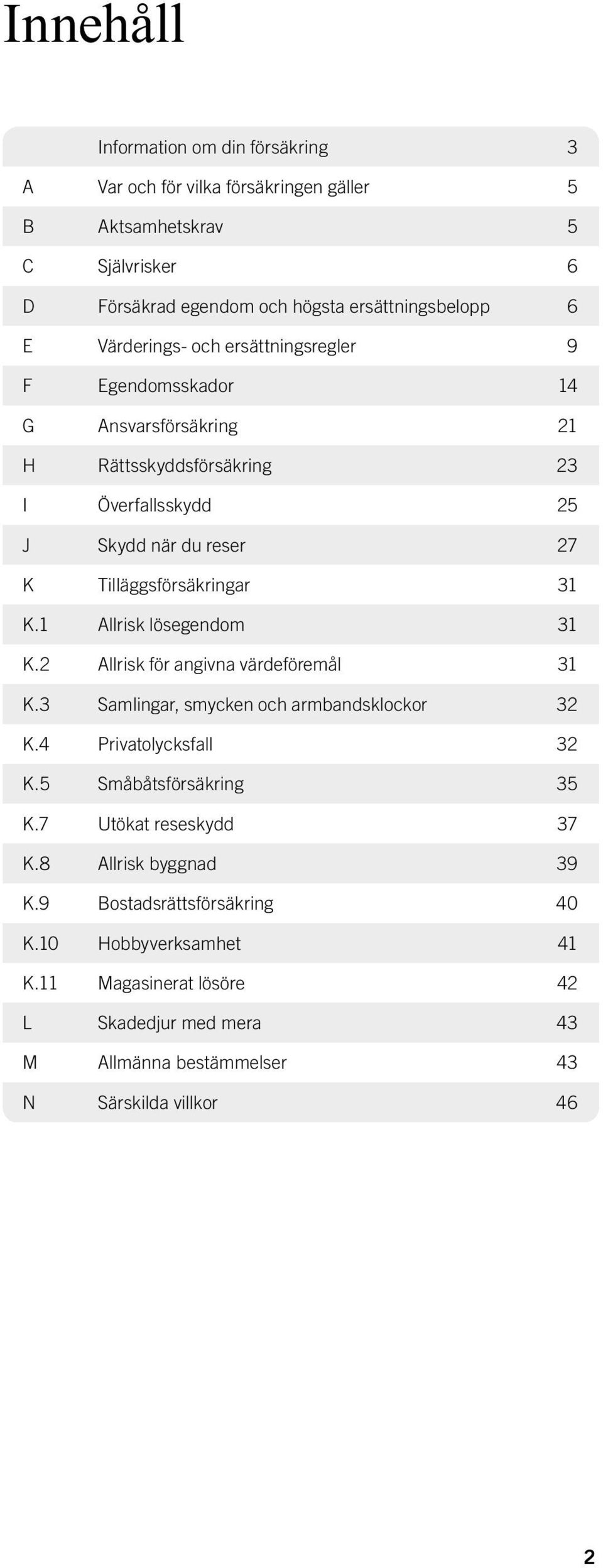 1 Allrisk lösegendom 31 K.2 Allrisk för angivna värdeföremål 31 K.3 Samlingar, smycken och armbandsklockor 32 K.4 Privatolycksfall 32 K.5 Småbåtsförsäkring 35 K.