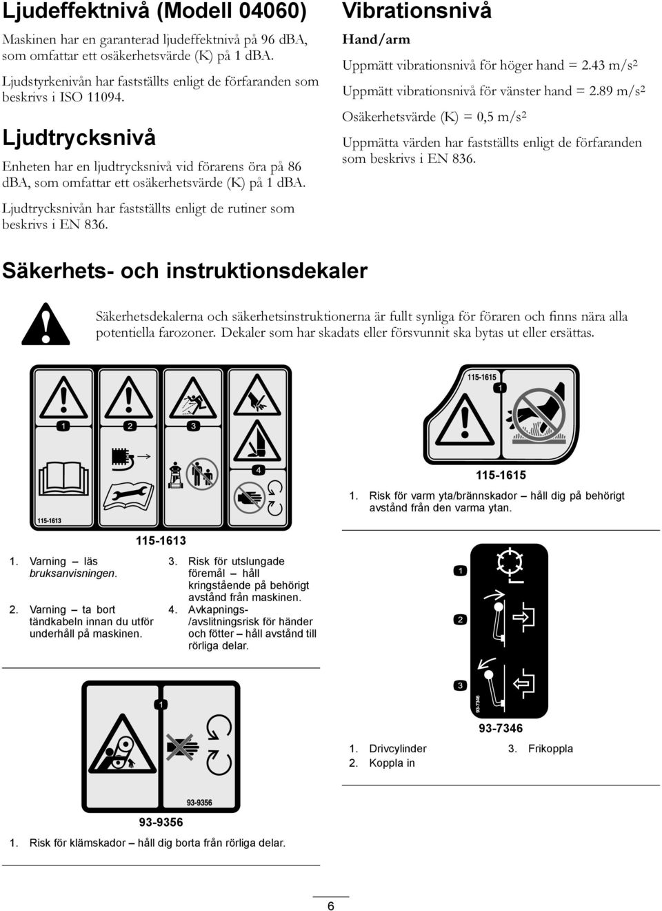 Ljudtrycksnivån har fastställts enligt de rutiner som beskrivs i EN 836. Vibrationsnivå Hand/arm Uppmätt vibrationsnivå för höger hand = 2.43 m/s 2 Uppmätt vibrationsnivå för vänster hand = 2.