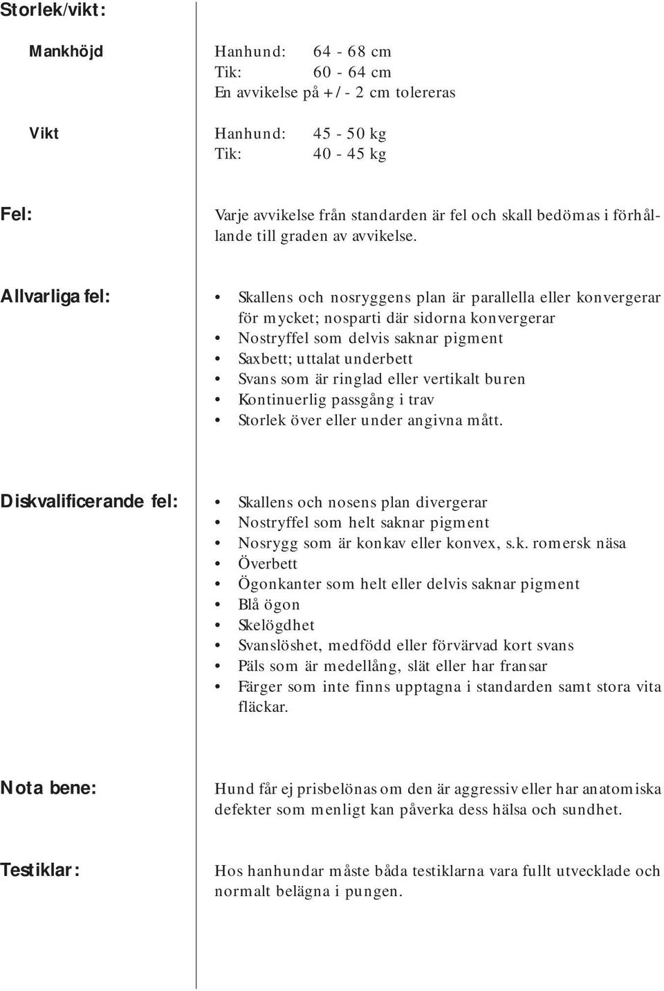 Allvarliga fel: Skallens och nosryggens plan är parallella eller konvergerar för mycket; nosparti där sidorna konvergerar Nostryffel som delvis saknar pigment Saxbett; uttalat underbett Svans som är