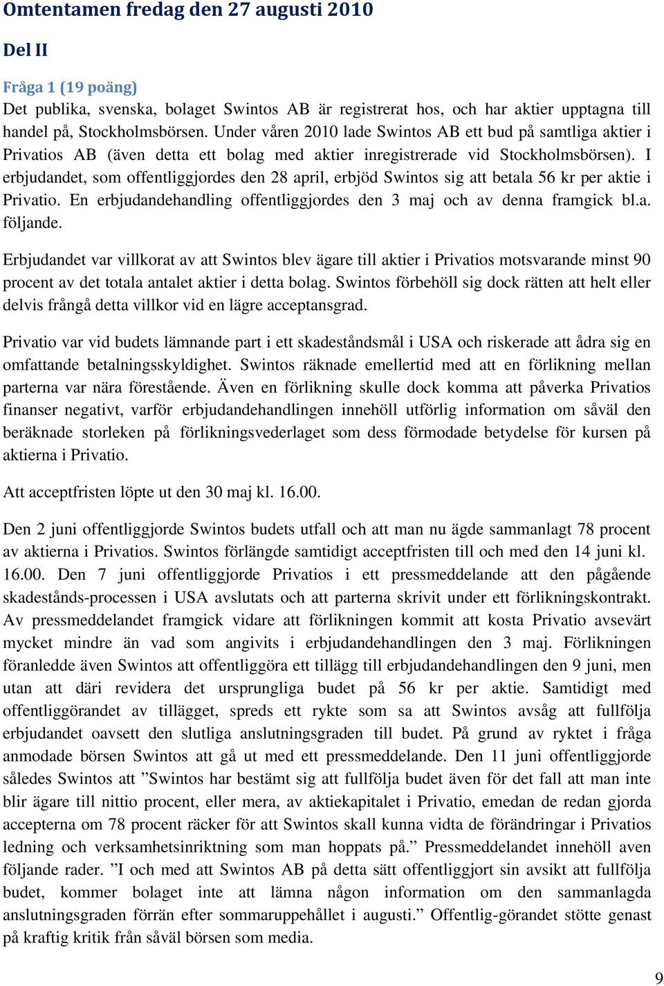 I erbjudandet, som offentliggjordes den 28 april, erbjöd Swintos sig att betala 56 kr per aktie i Privatio. En erbjudandehandling offentliggjordes den 3 maj och av denna framgick bl.a. följande.