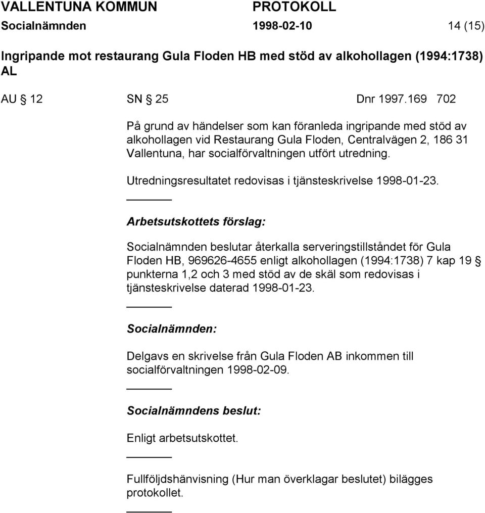 Utredningsresultatet redovisas i tjänsteskrivelse 1998-01-23.